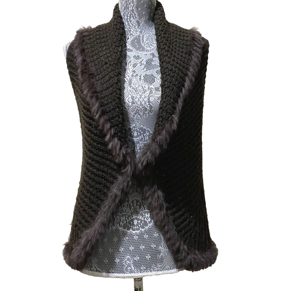 Love Token Womens XS Black Rabbit Fur Trim Sweater Vest Chunky Knit Open Front